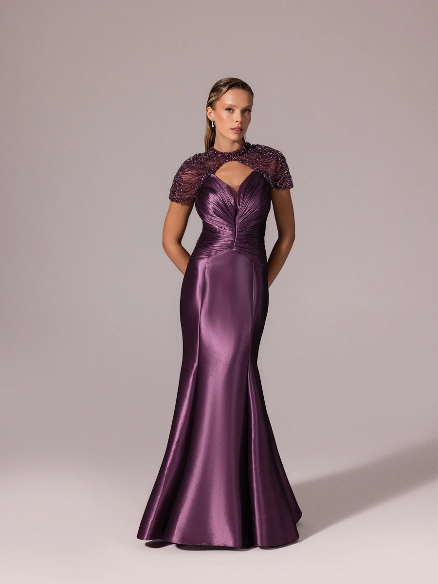 A25056-İşleme Omuz Detaylı Balık Abiye Elbise