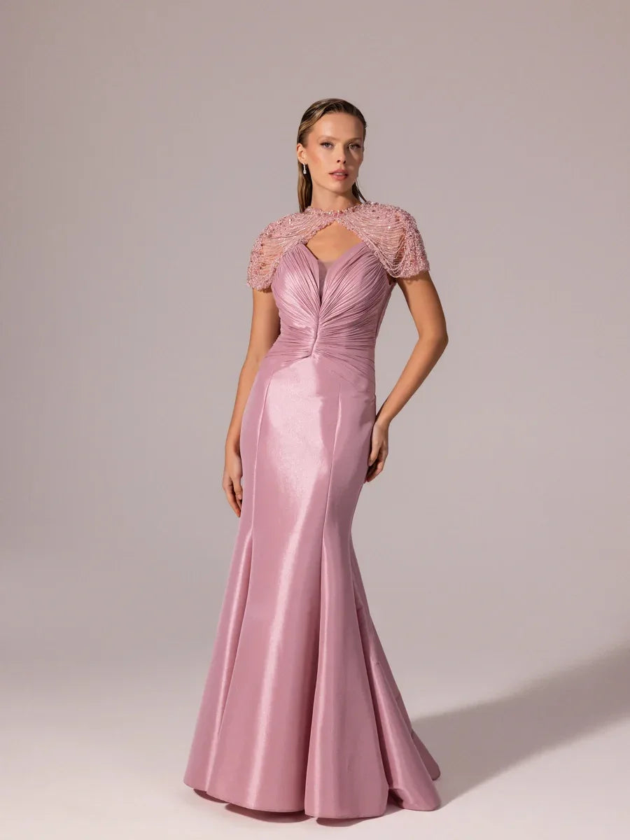 A25056-İşleme Omuz Detaylı Balık Abiye Elbise - Kenzel