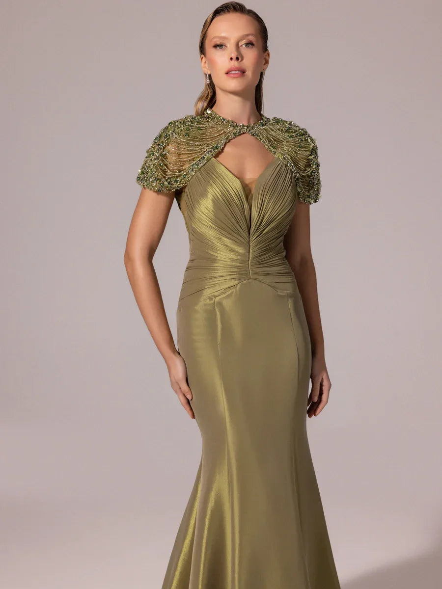 A25056-İşleme Omuz Detaylı Balık Abiye Elbise - Kenzel