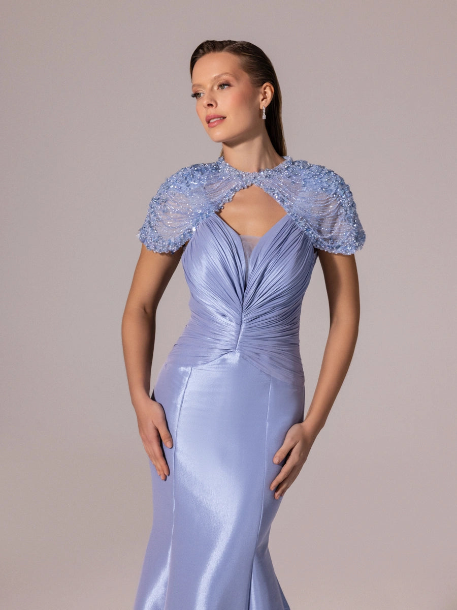 A25056-İşleme Omuz Detaylı Balık Abiye Elbise