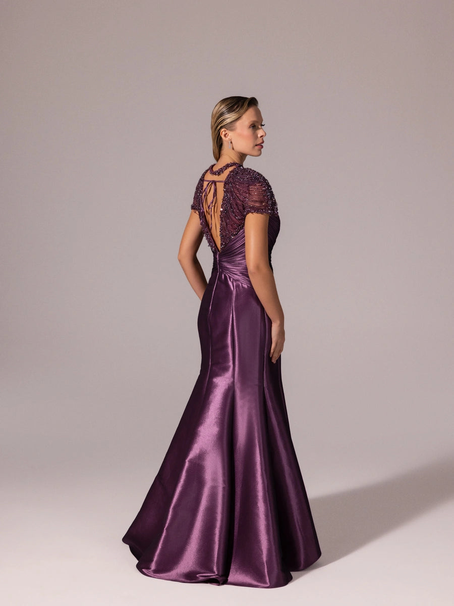 A25056-İşleme Omuz Detaylı Balık Abiye Elbise