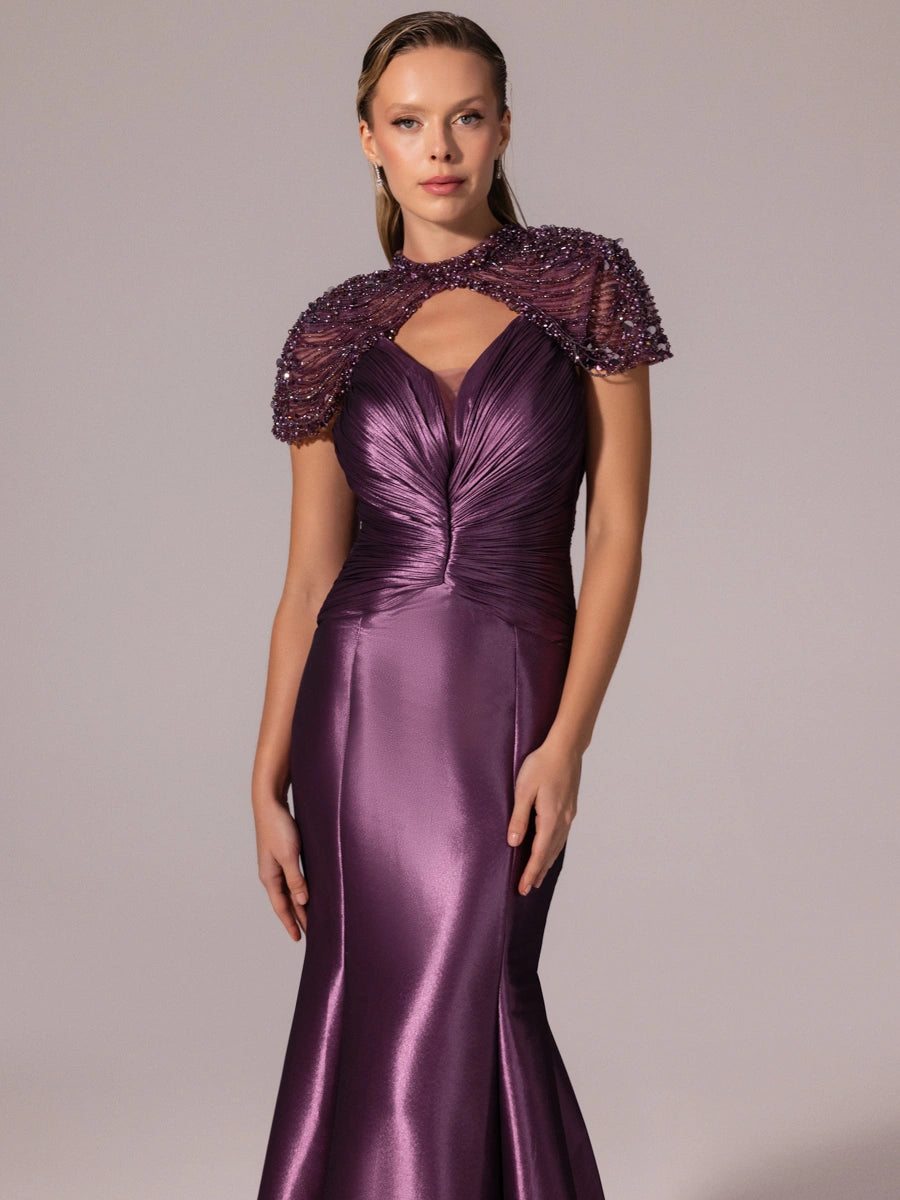 A25056-İşleme Omuz Detaylı Balık Abiye Elbise