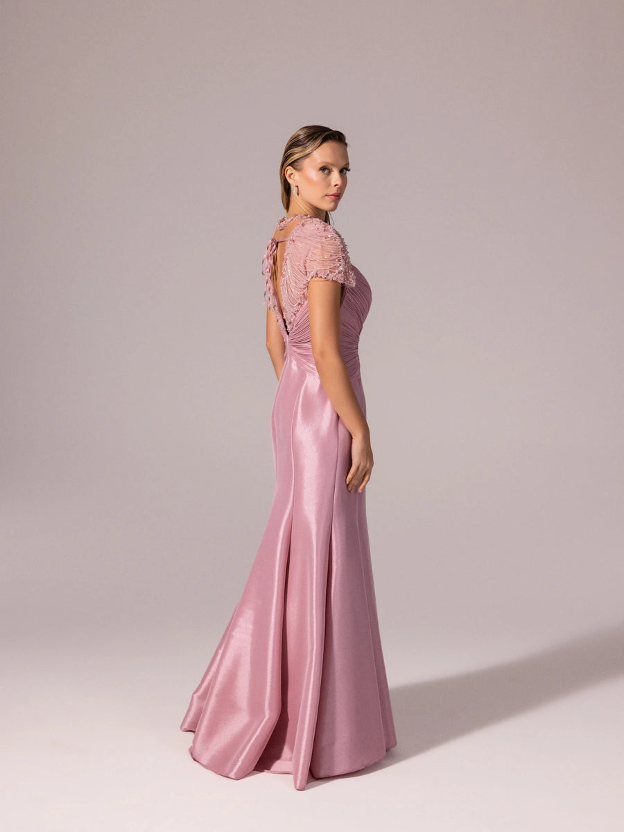 A25056-İşleme Omuz Detaylı Balık Abiye Elbise