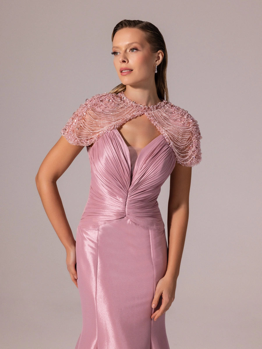 A25056-İşleme Omuz Detaylı Balık Abiye Elbise