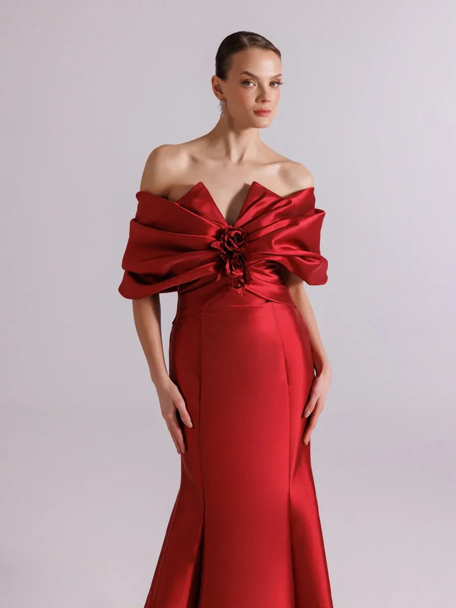 A25064-Straplez Şal Kol Drapeli Balık Abiye Elbise - Kenzel