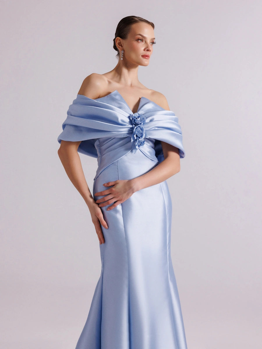 A25064-Straplez Şal Kol Drapeli Balık Abiye Elbise