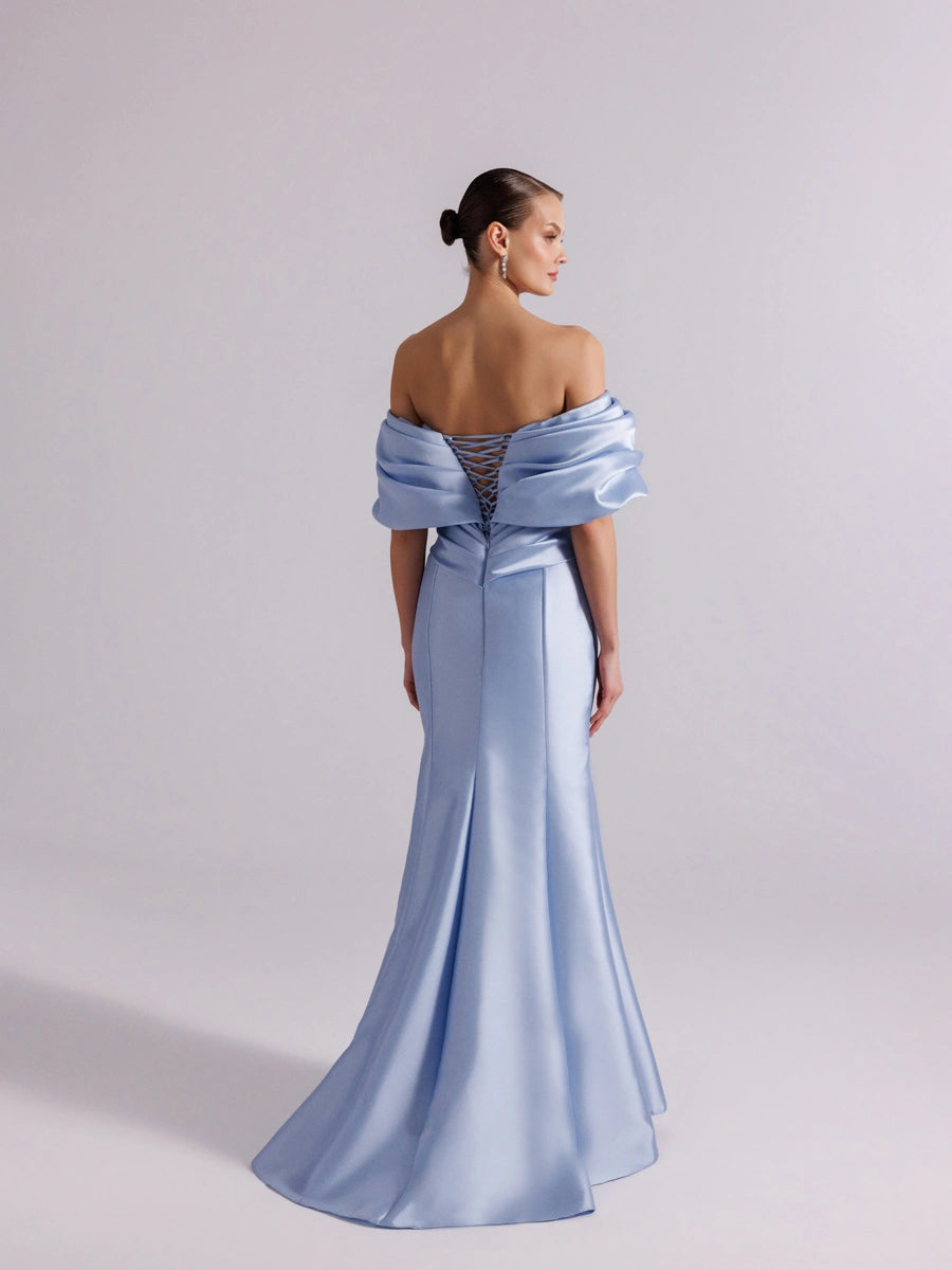 A25064-Straplez Şal Kol Drapeli Balık Abiye Elbise