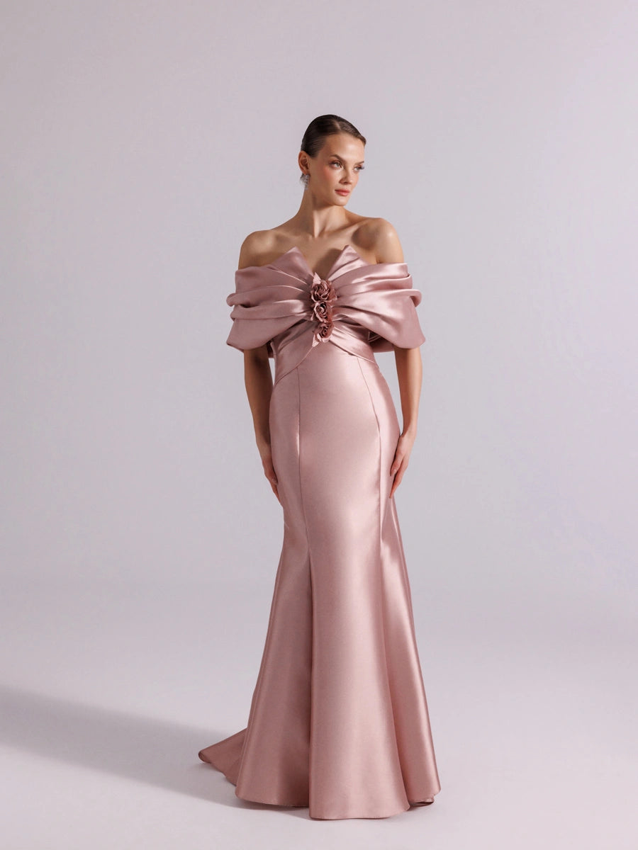 A25064-Straplez Şal Kol Drapeli Balık Abiye Elbise