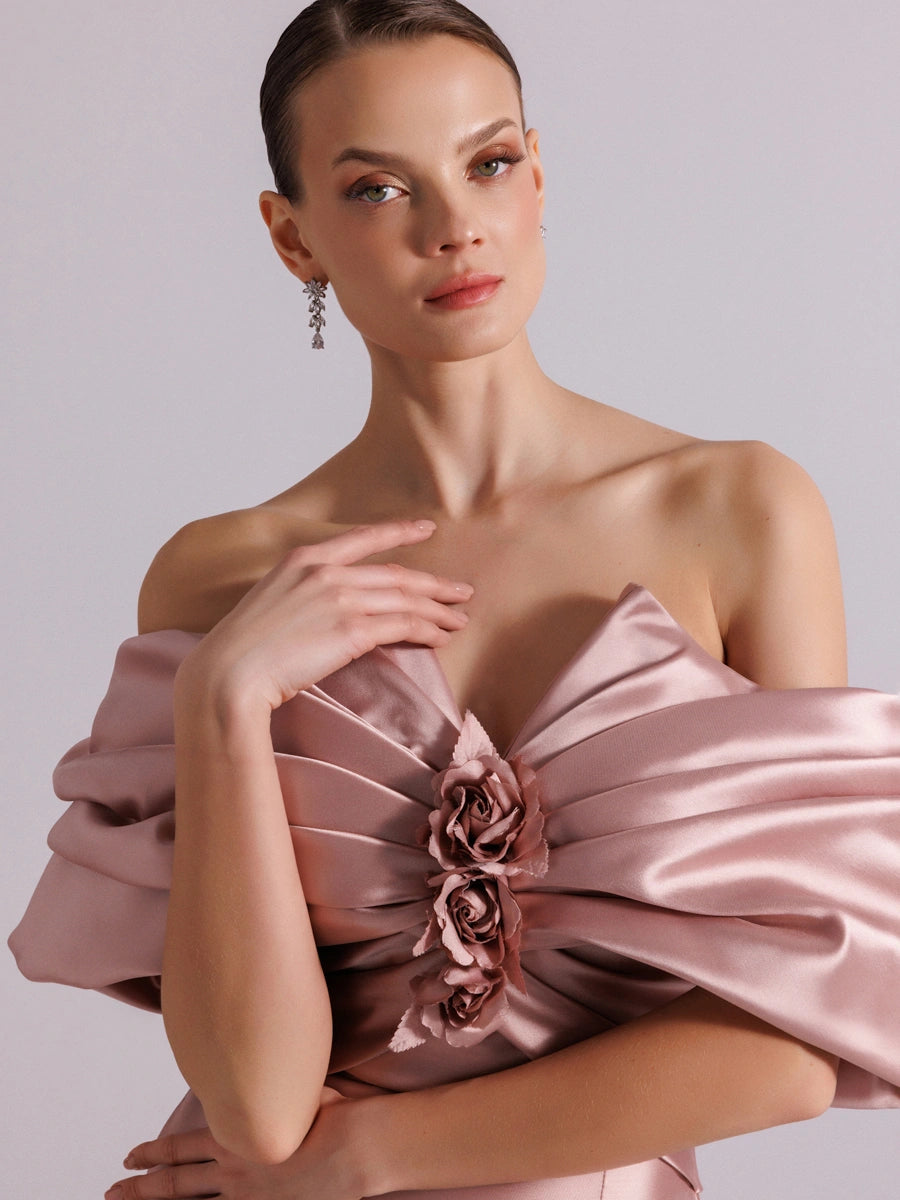 A25064-Straplez Şal Kol Drapeli Balık Abiye Elbise