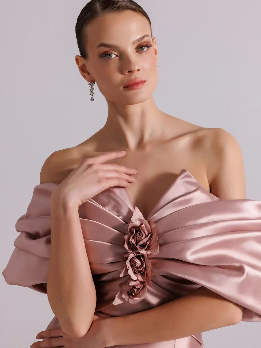 A25064-Straplez Şal Kol Drapeli Balık Abiye Elbise - Kenzel