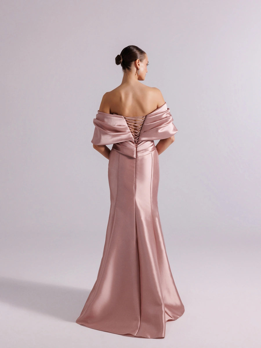 A25064-Straplez Şal Kol Drapeli Balık Abiye Elbise