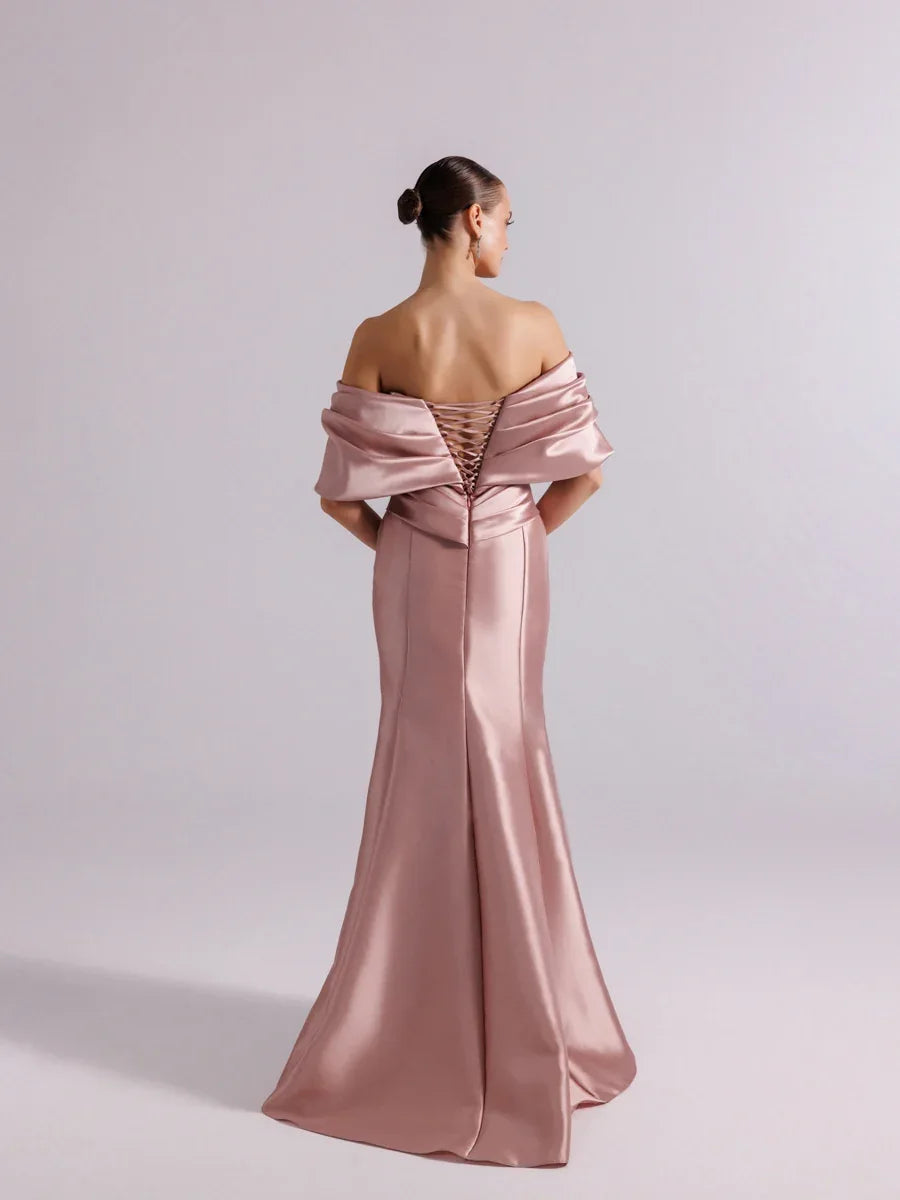 A25064-Straplez Şal Kol Drapeli Balık Abiye Elbise - Kenzel