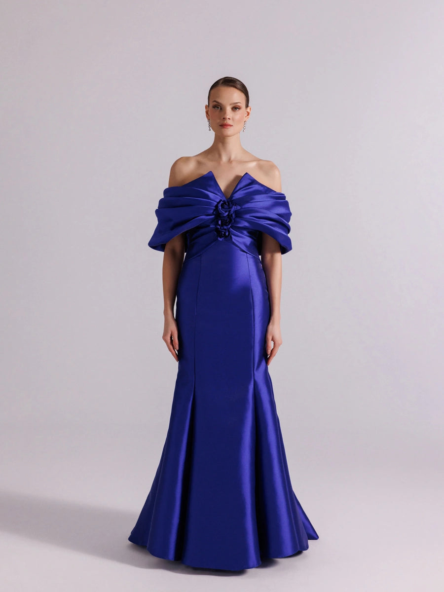 A25064-Straplez Şal Kol Drapeli Balık Abiye Elbise