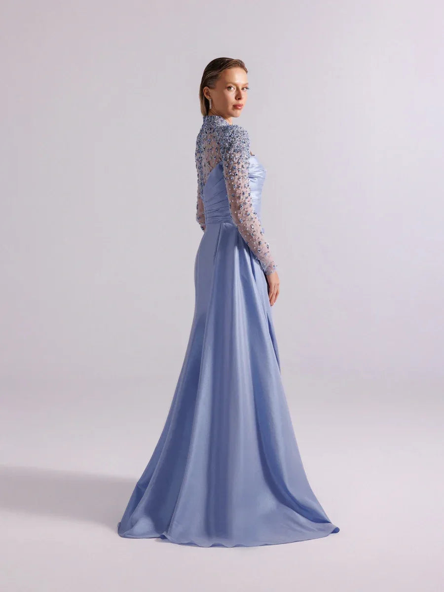 A25067-Straplez Görünümlü Tüm Dekoltesi Taş Detaylı Yırtmaçlı Elbise - Kenzel