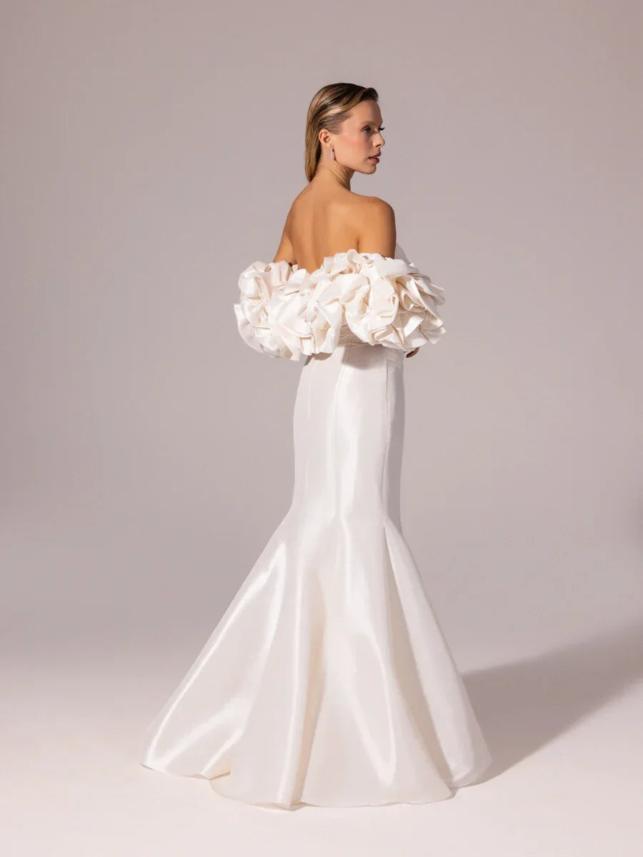 A25068-Straplez Drapeli Balon Kollu Uzun Abiye Elbise - Kenzel