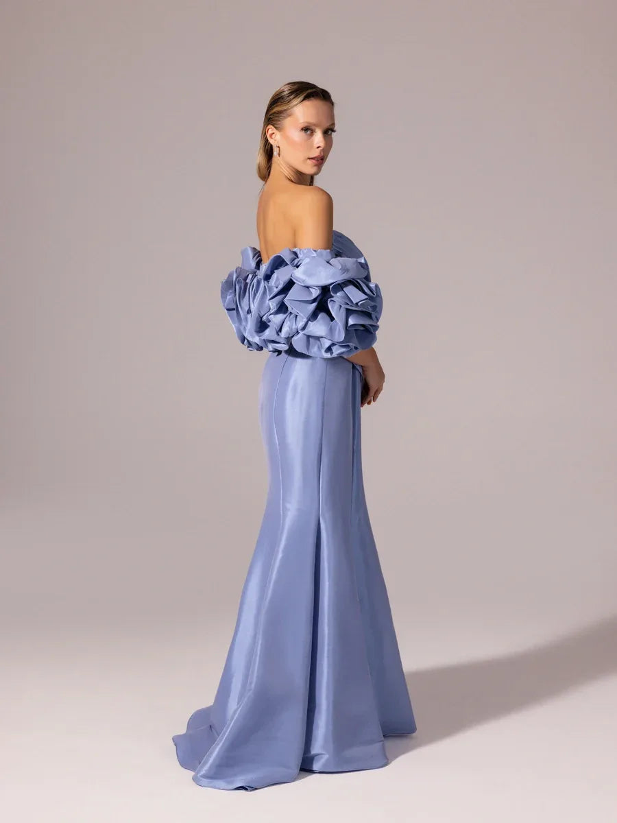 A25068-Straplez Drapeli Balon Kollu Uzun Abiye Elbise - Kenzel