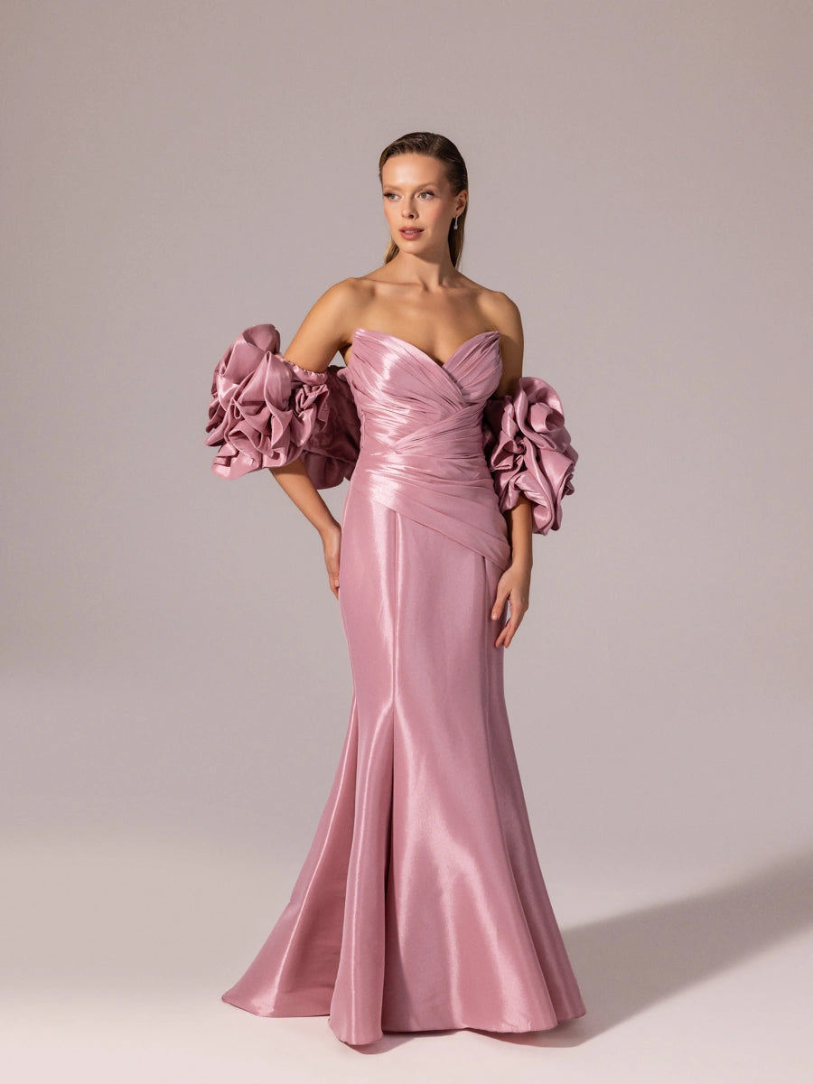 A25068-Straplez Drapeli Balon Kollu Uzun Abiye Elbise