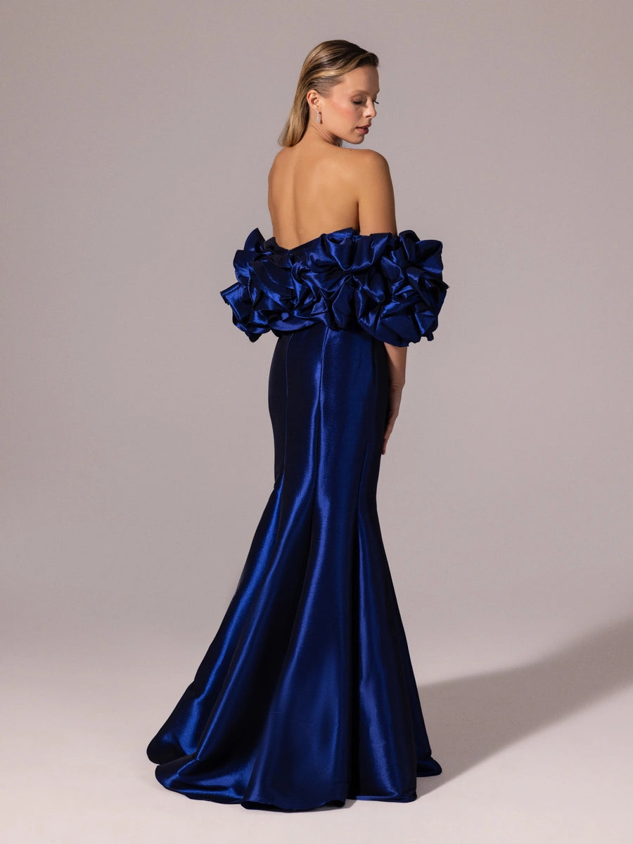 A25068-Straplez Drapeli Balon Kollu Uzun Abiye Elbise