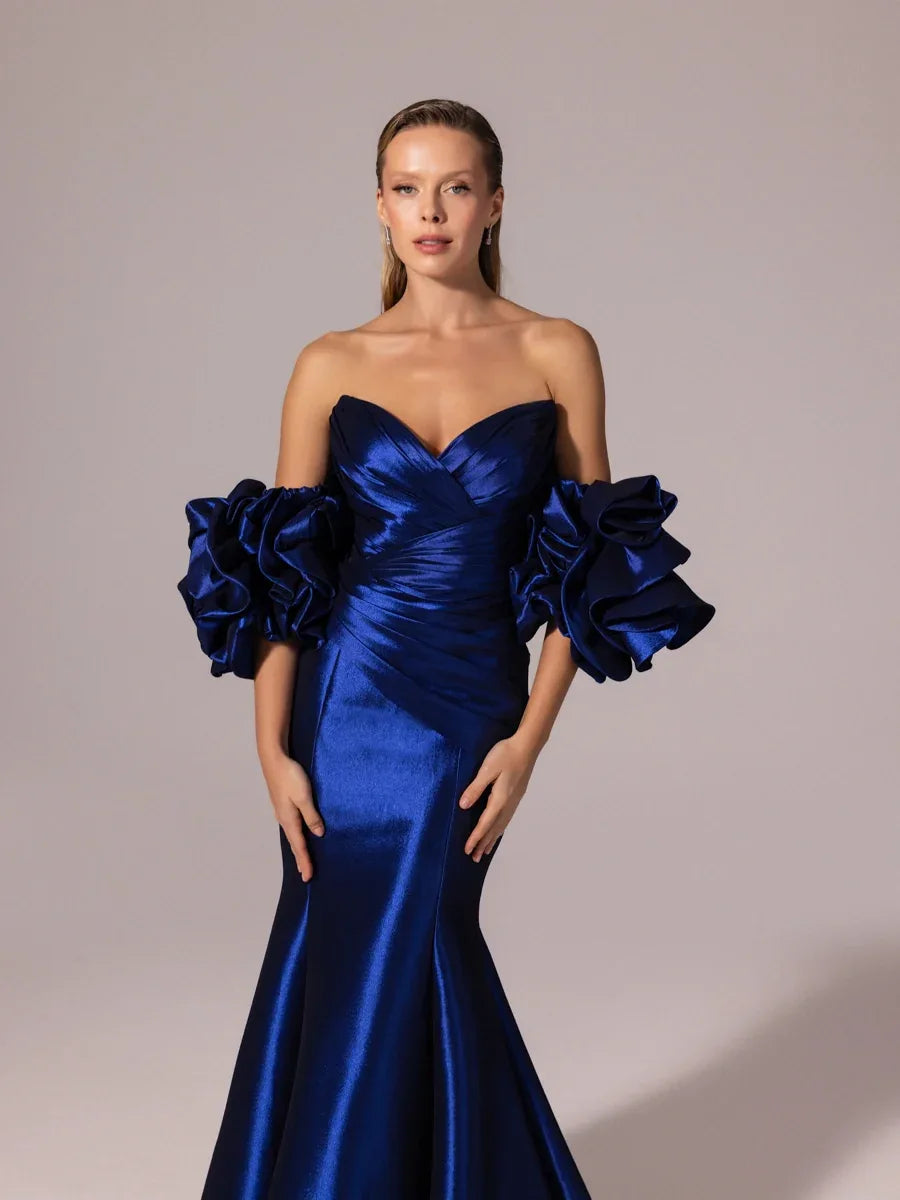 A25068-Straplez Drapeli Balon Kollu Uzun Abiye Elbise - Kenzel