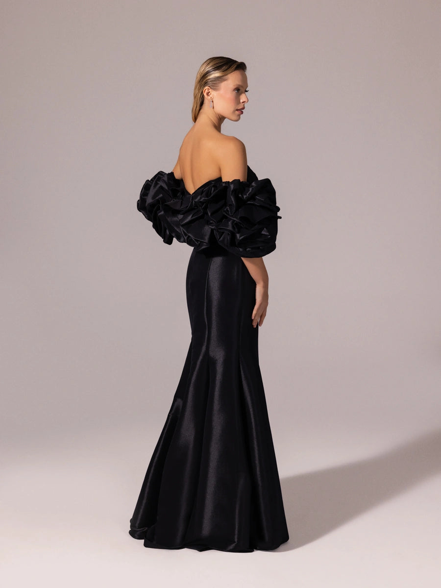 A25068-Straplez Drapeli Balon Kollu Uzun Abiye Elbise