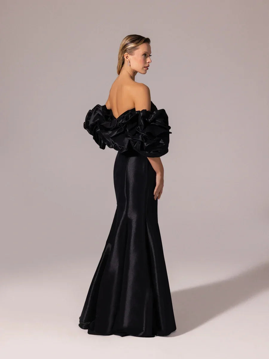 A25068-Straplez Drapeli Balon Kollu Uzun Abiye Elbise - Kenzel