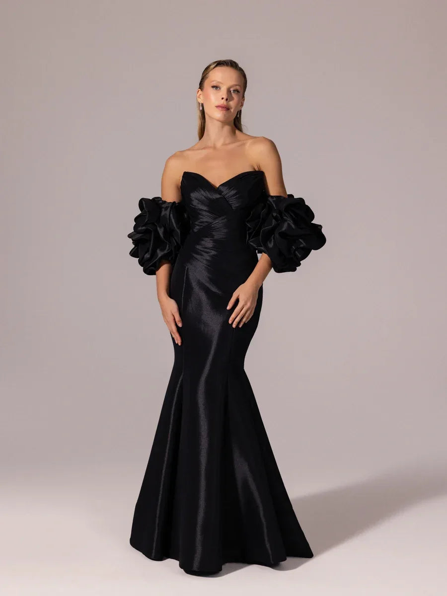 A25068-Straplez Drapeli Balon Kollu Uzun Abiye Elbise - Kenzel