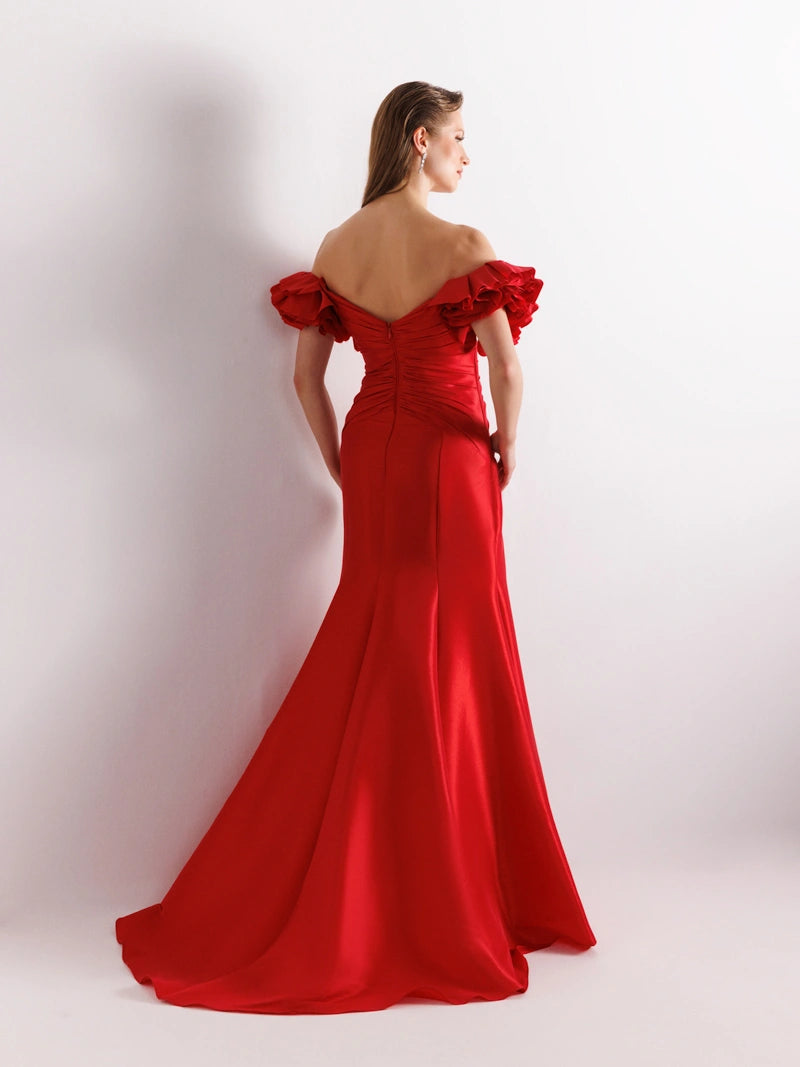 Balon Kollu Kırmızı Balık Abiye Elbise Arka