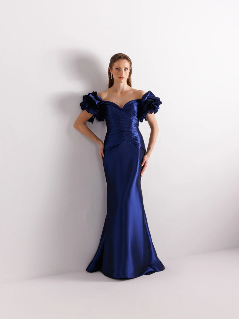 Balon Kollu Balık Abiye Elbise Saks Mavi Renk Ön