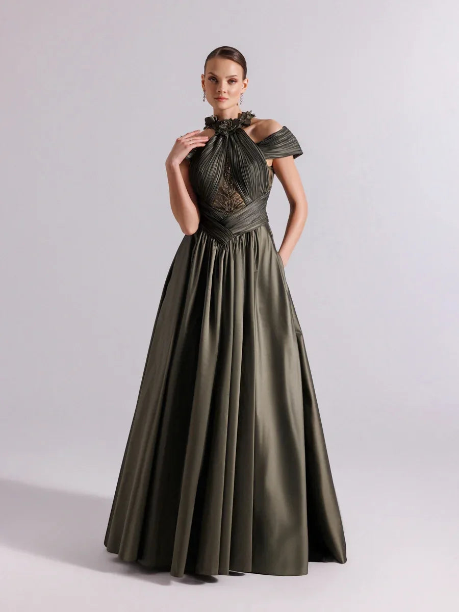 A25078-Göğüs Dekoltesi Taşlı Pliseli Kabarık Abiye Elbise - Kenzel