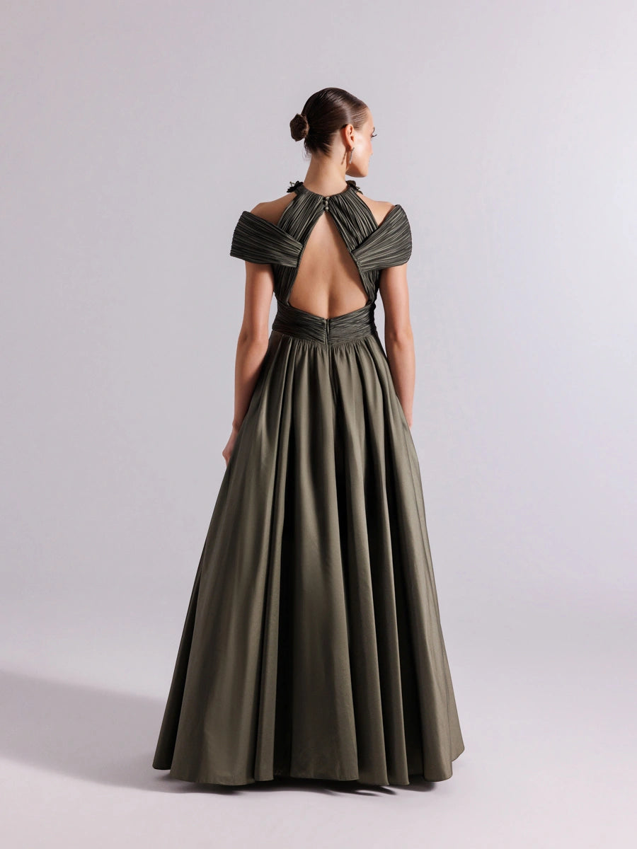 A25078-Göğüs Dekoltesi Taşlı Pliseli Kabarık Abiye Elbise