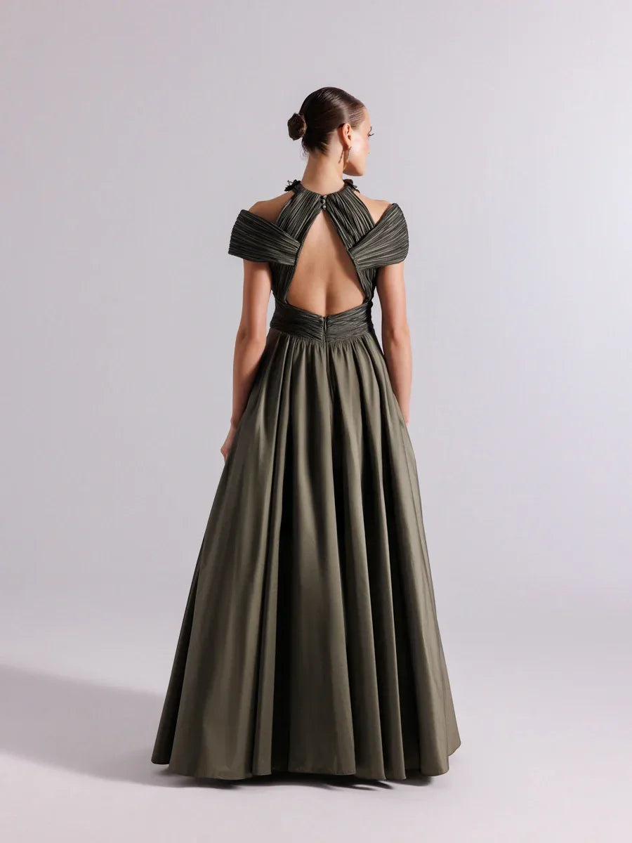 A25078-Göğüs Dekoltesi Taşlı Pliseli Kabarık Abiye Elbise - Kenzel