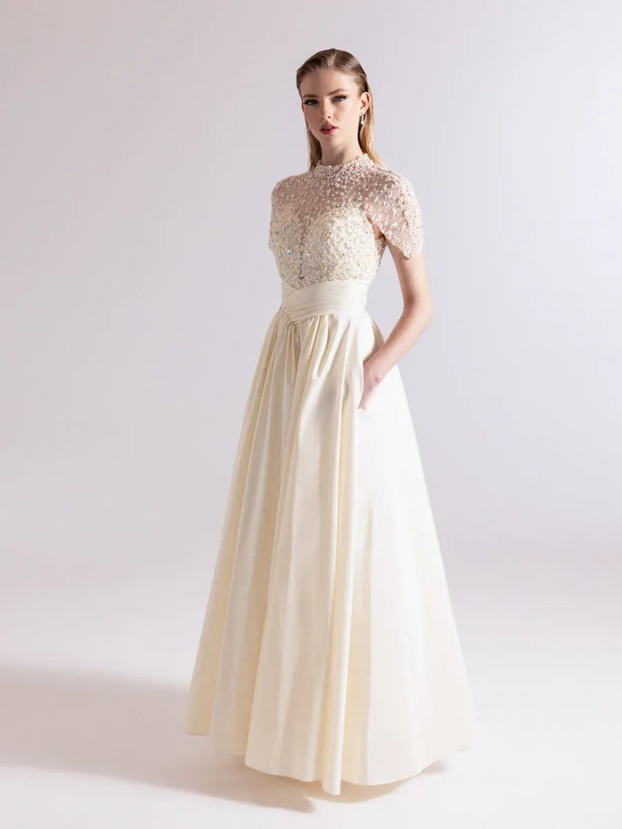 A25084-Üst Kısım Taş Detaylı Kırmalı Kabarık Abiye Ebise - Kenzel