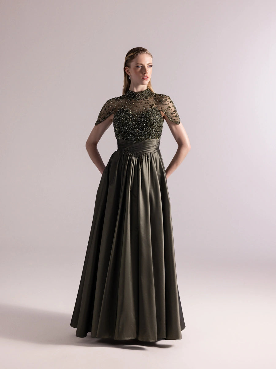 A25084-Üst Kısım Taş Detaylı Kırmalı Kabarık Abiye Ebise