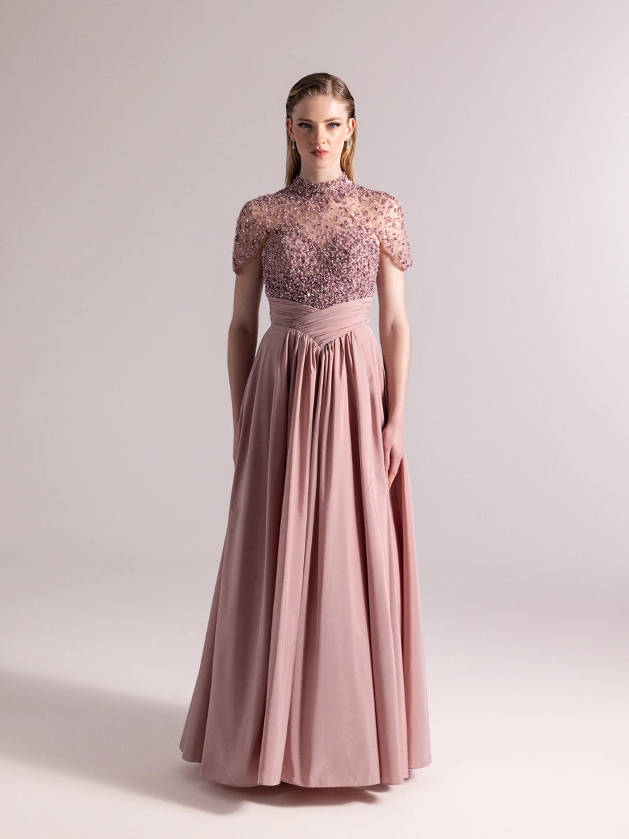 A25084-Üst Kısım Taş Detaylı Kırmalı Kabarık Abiye Ebise