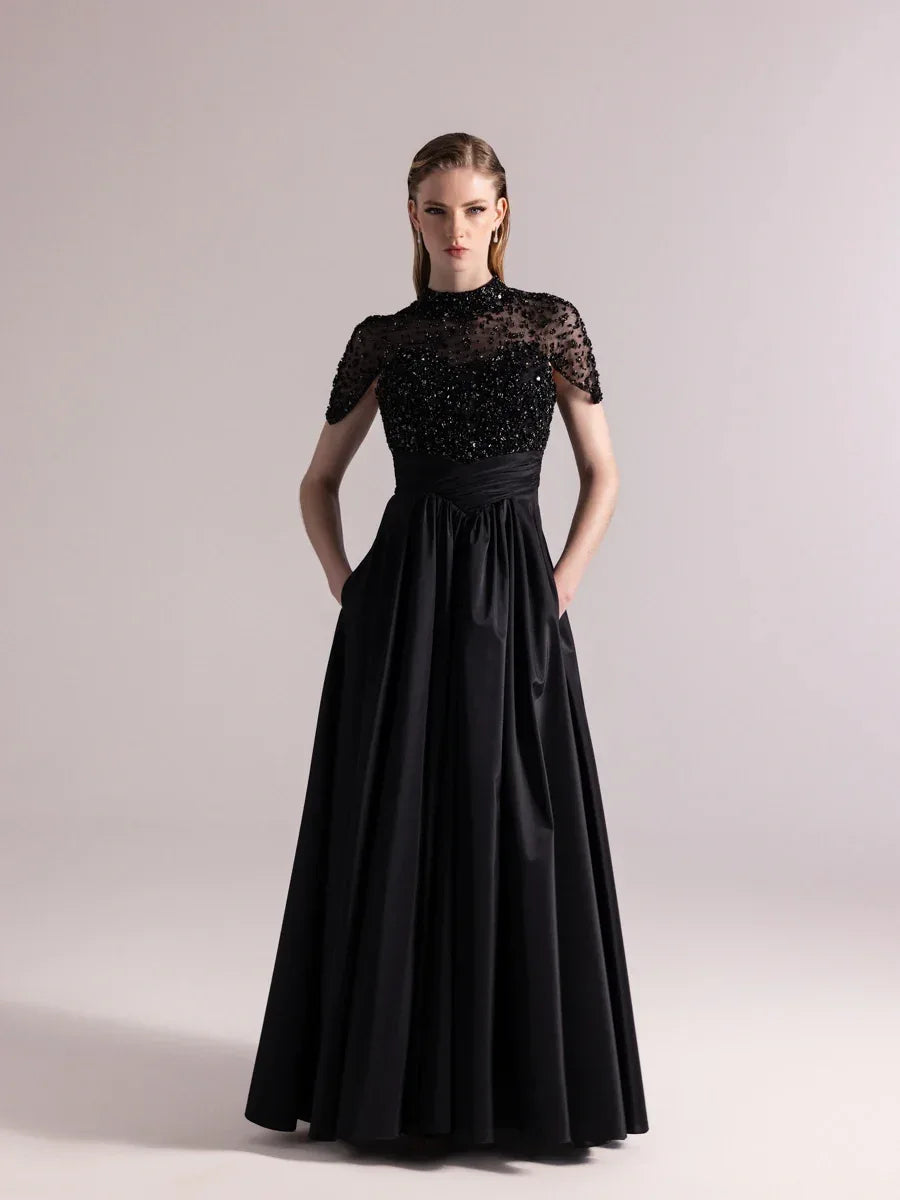 A25084-Üst Kısım Taş Detaylı Kırmalı Kabarık Abiye Ebise - Kenzel