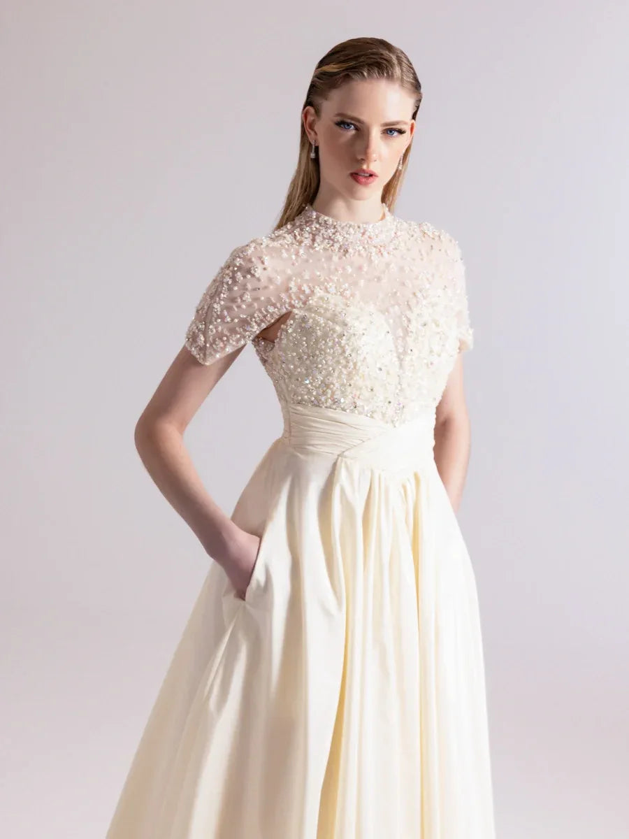 A25084-Üst Kısım Taş Detaylı Kırmalı Kabarık Abiye Ebise - Kenzel