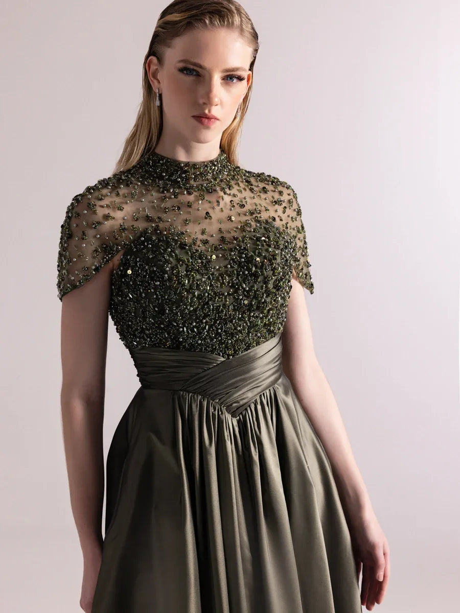 A25084-Üst Kısım Taş Detaylı Kırmalı Kabarık Abiye Ebise - Kenzel