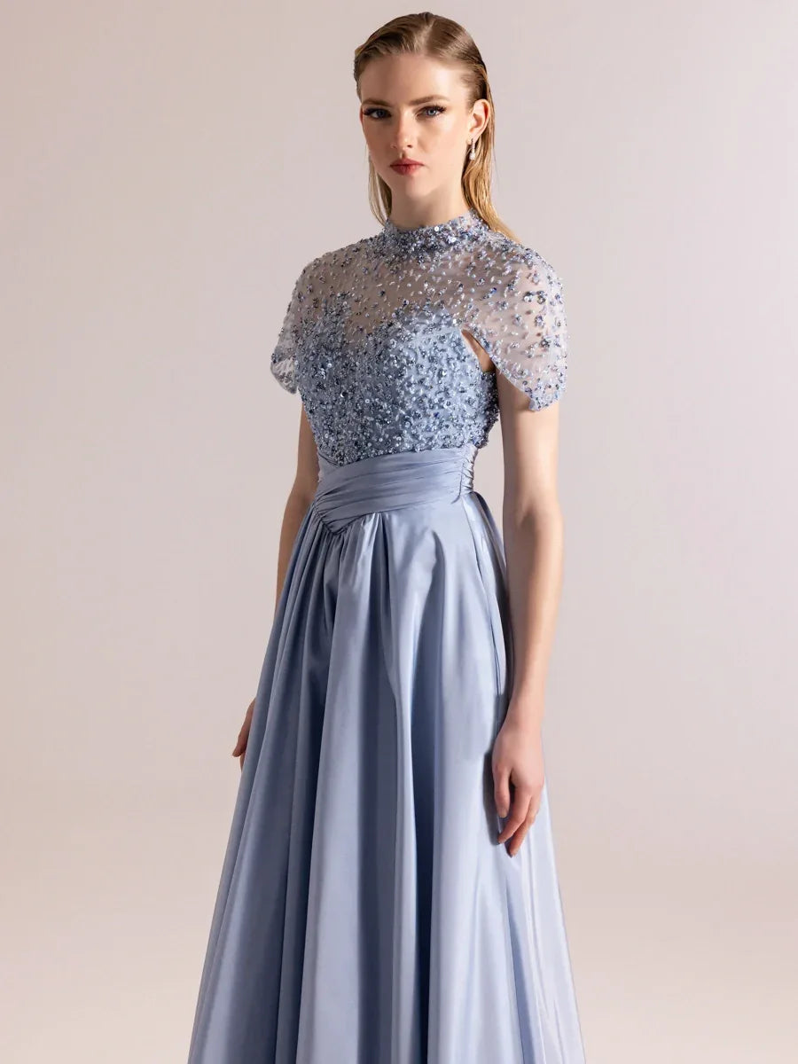 A25084-Üst Kısım Taş Detaylı Kırmalı Kabarık Abiye Ebise - Kenzel