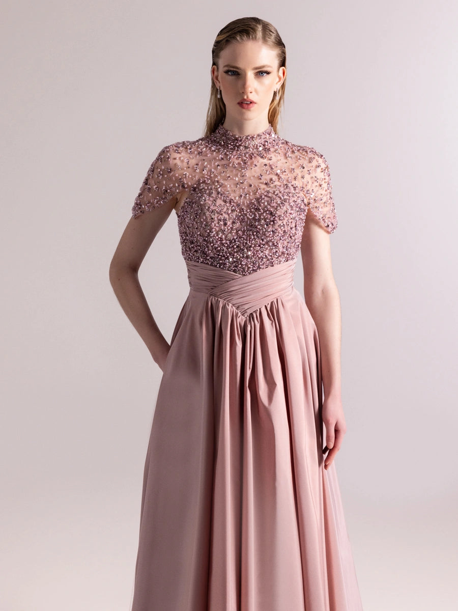 A25084-Üst Kısım Taş Detaylı Kırmalı Kabarık Abiye Ebise