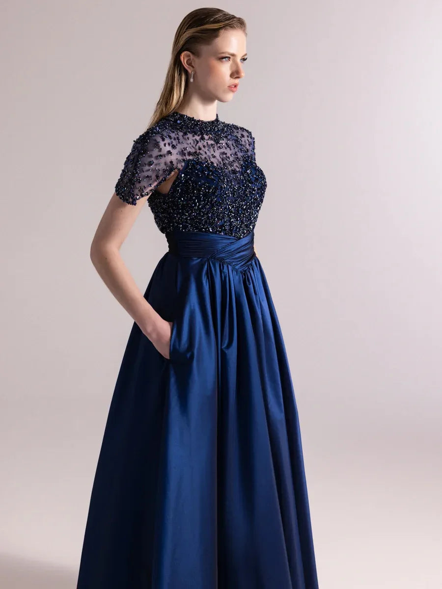 A25084-Üst Kısım Taş Detaylı Kırmalı Kabarık Abiye Ebise - Kenzel