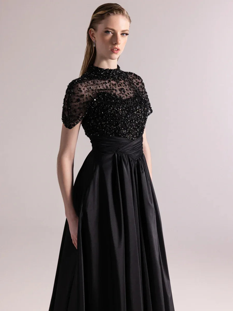 A25084-Üst Kısım Taş Detaylı Kırmalı Kabarık Abiye Ebise - Kenzel