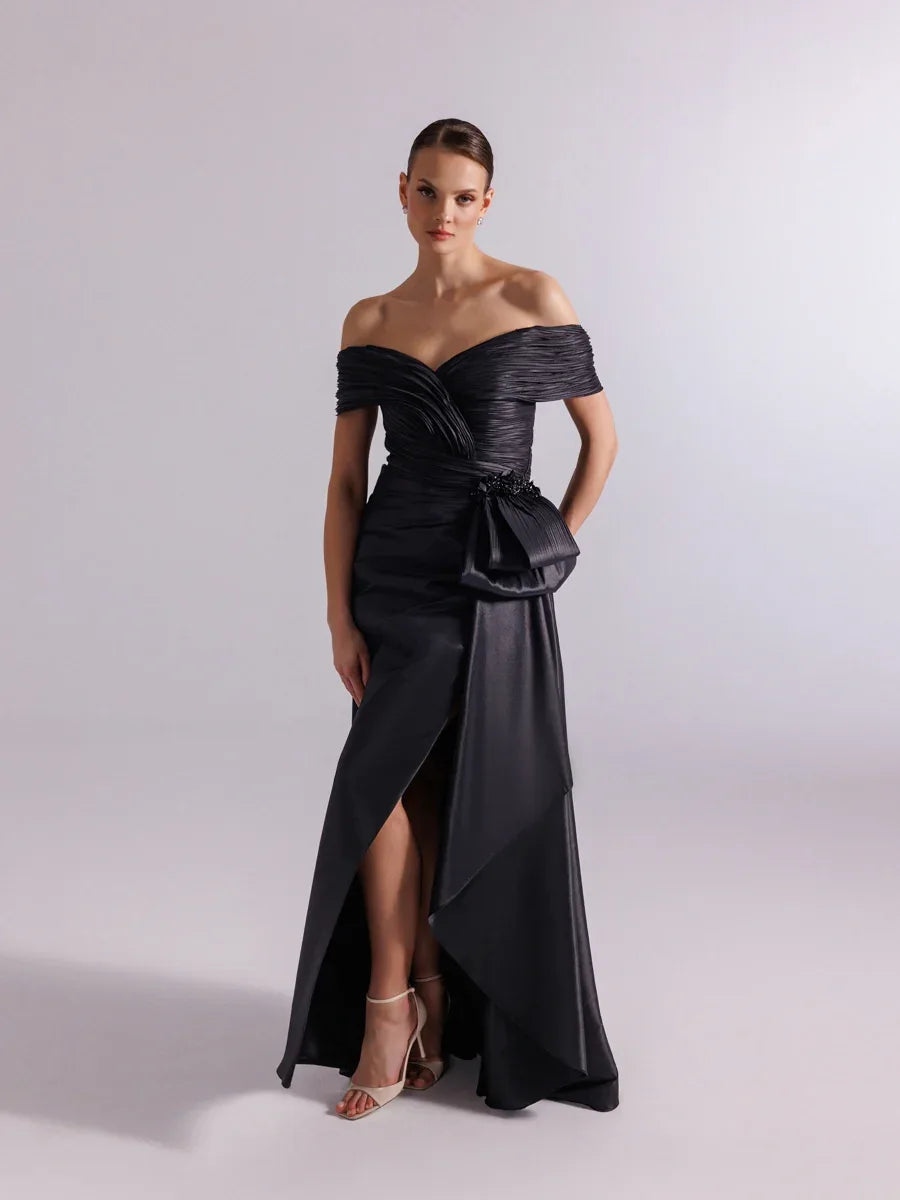 A25086-Şal Kollu Yanı Kuyruklu Ve Yırtmaçlı Balık Abiye - Kenzel