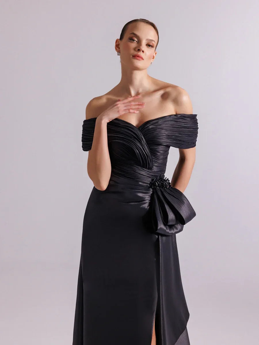 A25086-Şal Kollu Yanı Kuyruklu Ve Yırtmaçlı Balık Abiye - Kenzel