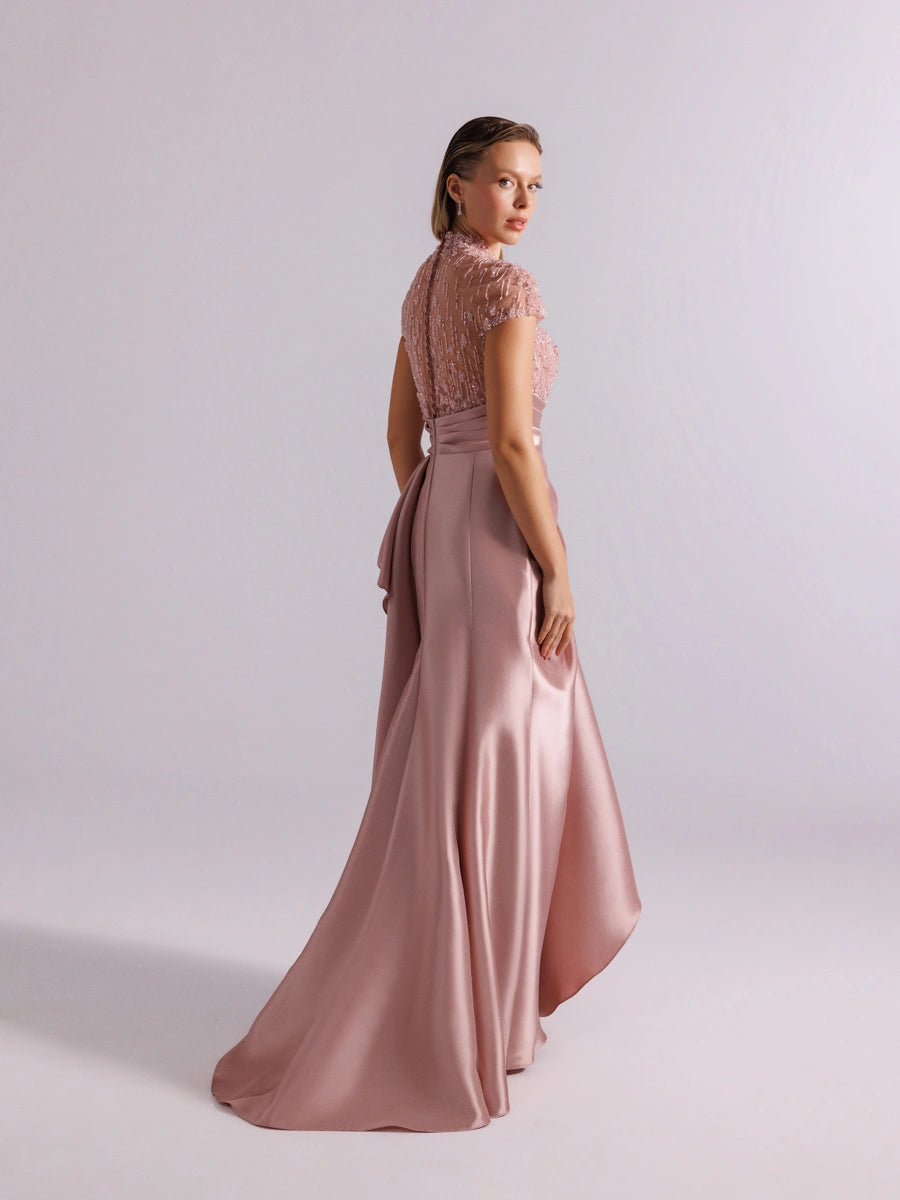 A25094- Üst kısım Taş İşlemeli Yırtmaçlı Uzun Abiye Elbise