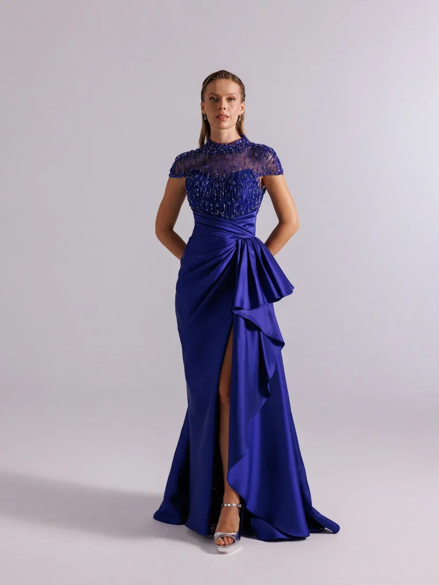 A25094- Üst kısım Taş İşlemeli Yırtmaçlı Uzun Abiye Elbise - Kenzel