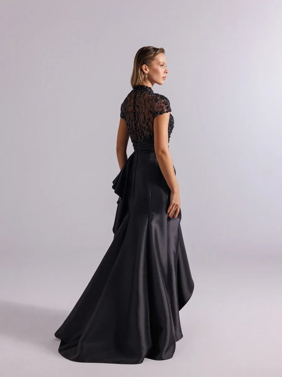 A25094- Üst kısım Taş İşlemeli Yırtmaçlı Uzun Abiye Elbise - Kenzel