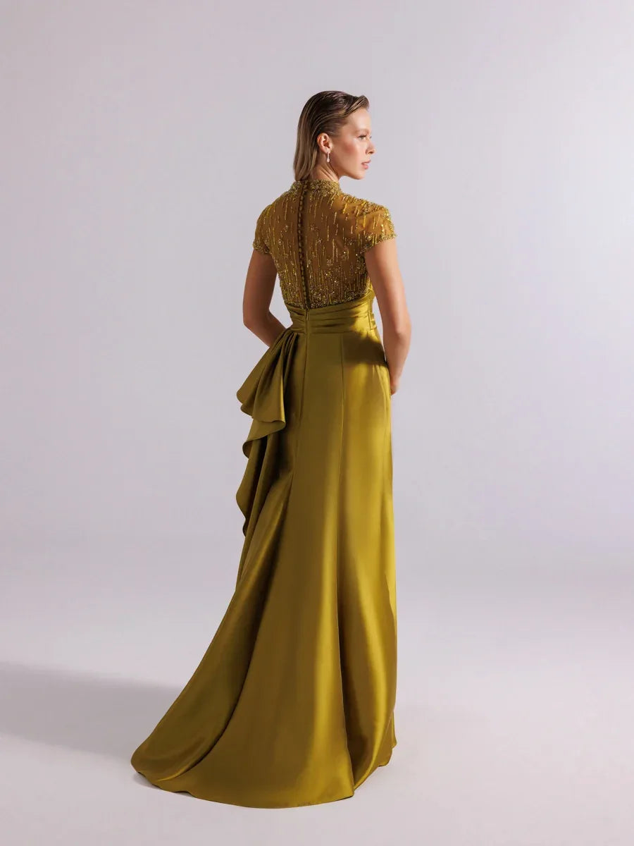 A25094- Üst kısım Taş İşlemeli Yırtmaçlı Uzun Abiye Elbise - Kenzel