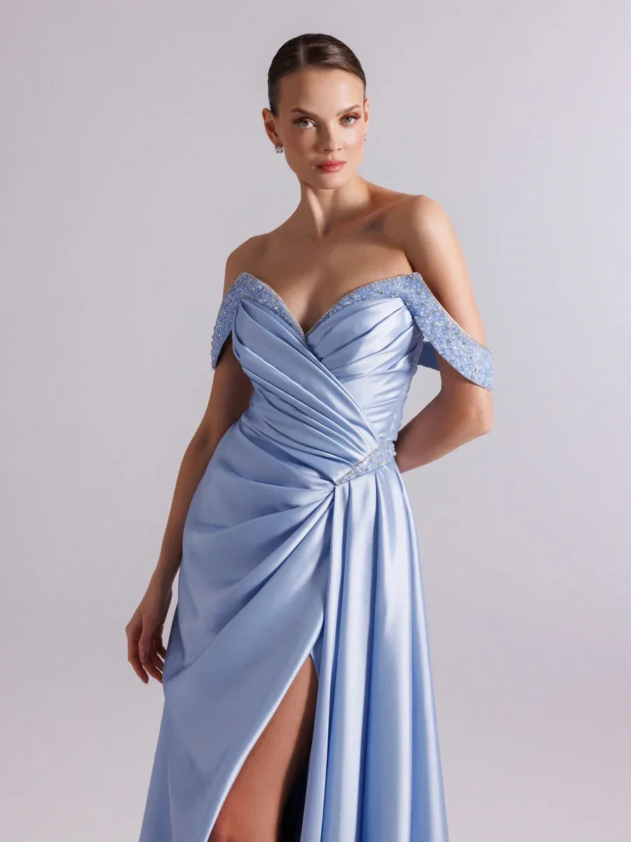 A25095-Kolları İşlemeli Yırtmaçlı Drapeli Balık Abiye Elbise - Kenzel