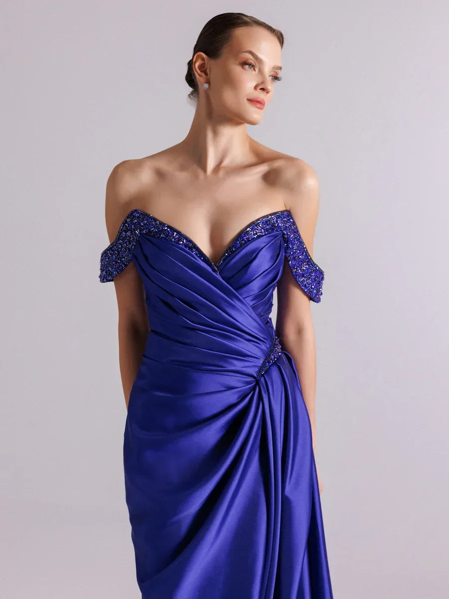 A25095-Kolları İşlemeli Yırtmaçlı Drapeli Balık Abiye Elbise - Kenzel