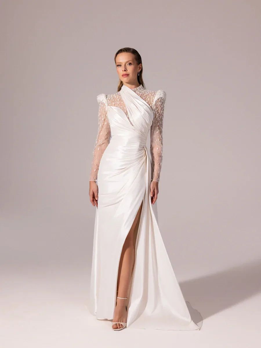 A25096-Kolları İşlemeli Asimetrik Drapeli Balık Abiye Elbise - Kenzel